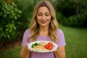 Mulher segurando um prato com frango grelhado, arroz integral, brócolis e tomates, simbolizando alimentação saudável e equilibrada.