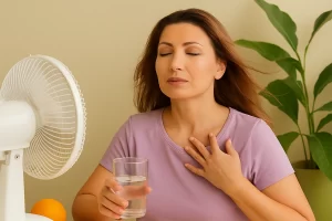 Mulher sentindo calor e usando ventilador, representando sintomas de fogacho e ondas de calor da menopausa.