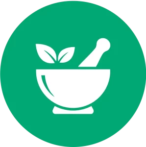 Ícone de pilão com folhas verdes, representando fitoterapia, naturopatia e o poder terapêutico dos alimentos.