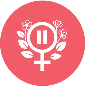 Símbolo feminino com sinal de pausa no centro e flores ao redor, representando o equilíbrio e a pausa consciente da menopausa.