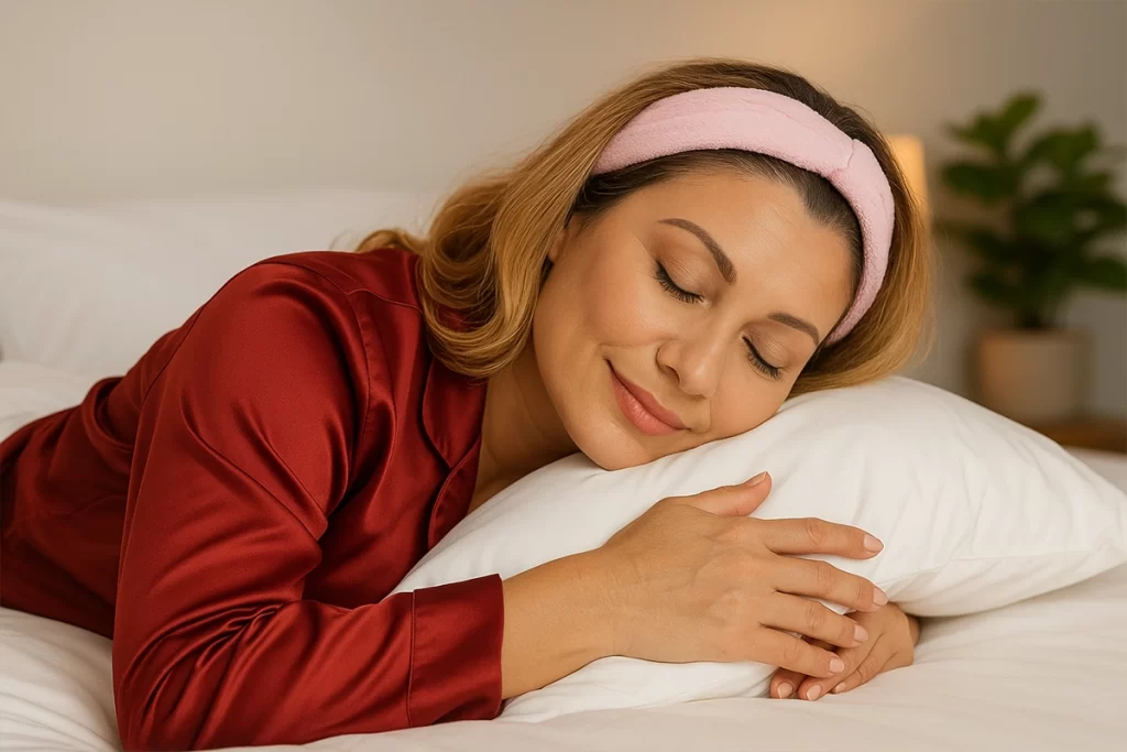 Mulher dormindo tranquilamente, representando sono reparador e bem-estar.