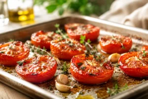 Tomate assado com azeite de oliva, alho e ervas para aumentar a biodisponibilidade do licopeno.