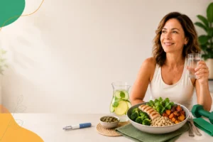 Mulher com copo de água ao lado de refeição com proteína, vegetais e fibras, representando estratégias nutricionais para uso de GLP-1.