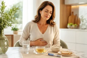 Efeitos colaterais das canetas emagrecedoras: mulher com desconforto digestivo, náusea e refluxo durante refeição leve.