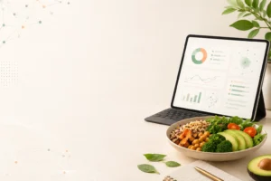Inteligência artificial para nutricionistas com dashboard digital, dados clínicos e alimentação saudável em ambiente profissional.