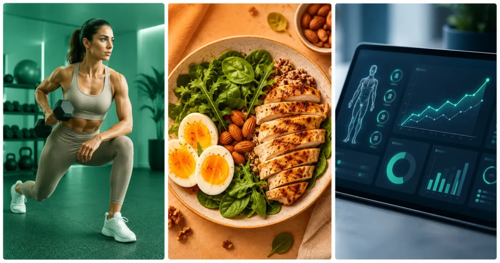Imagem dividida em três quadrantes mostrando estratégias de preservação muscular com GLP-1: exercício resistido com haltere, prato com alimentos proteicos (frango, ovos, verde), e gráfico de monitoramento de composição corporal em tablet