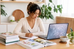 Nutricionista estudando com apoio de inteligência artificial, caderno e notebook em ambiente claro.