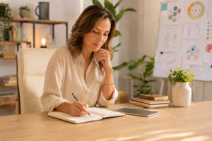 Nutricionista madura escreve em um caderno em ambiente claro e acolhedor, com mesa organizada, livros, tablet, plantas e materiais visuais ao fundo.