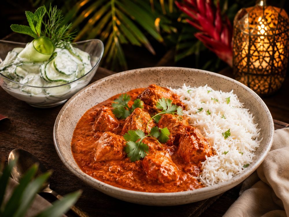 Butter Chicken Masala com arroz basmati e raita de pepino