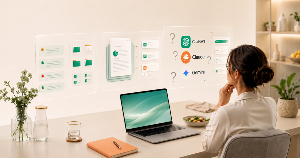 Nutricionista observa painel digital com logotipos do ChatGPT, Claude e Gemini e pontos de interrogação para comparar ferramentas de inteligência artificial.