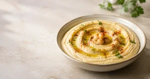 Tigela de homus cremoso de grão-de-bico com azeite, páprica, salsinha e grãos inteiros.