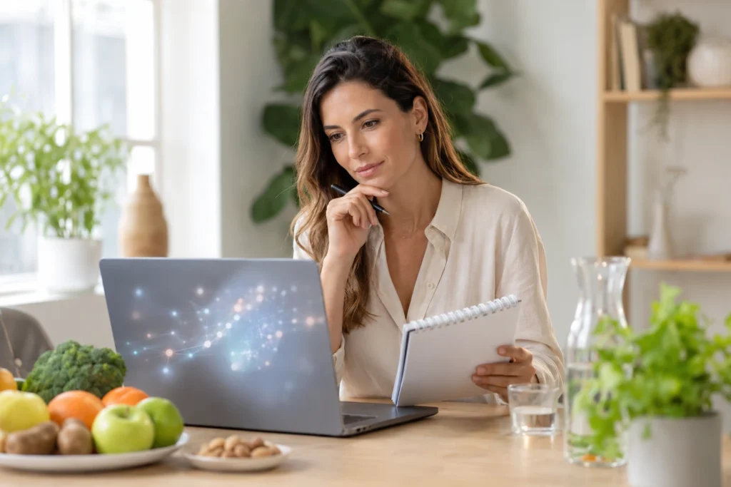 Nutricionista analisando informações clínicas com apoio de inteligência artificial de forma ética e responsável.