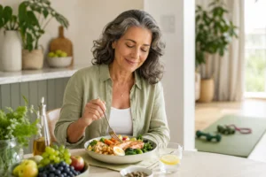 Mulher madura em cozinha iluminada comendo refeição saudável com peixe, ovos, legumes, grãos e frutas, representando longevidade saudável e nutrição funcional.