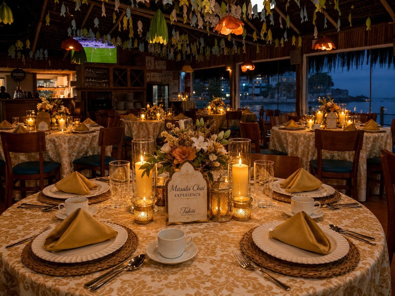 Mesa decorada do Masala Chai Experience no Tahiti Restaurante