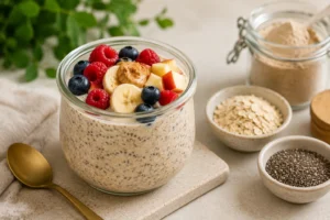 Overnight oats proteico em pote de vidro com chia, aveia, frutas vermelhas, banana, maçã, canela e pasta de amendoim.