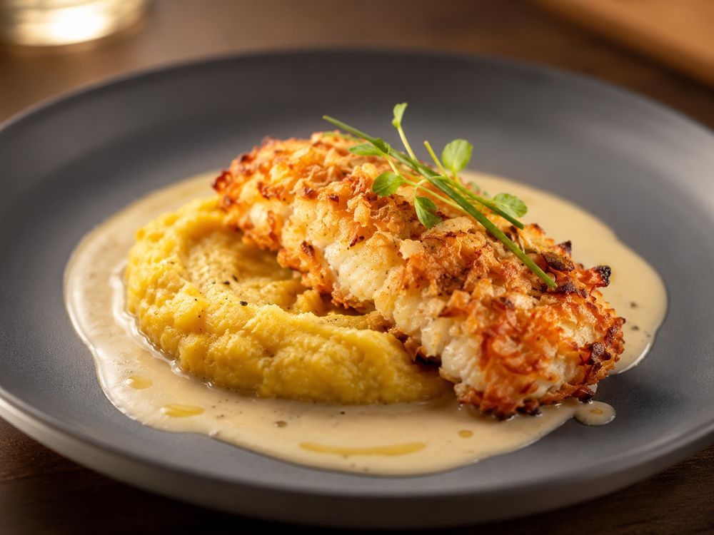 Peixe com crosta de coco, purê de banana-da-terra e molho de coco, gengibre e cardamomo